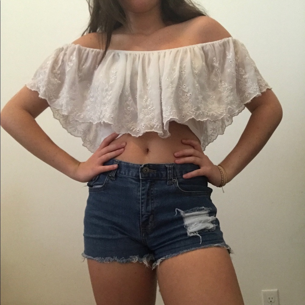 Off the shoulder embroidered top.